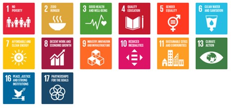 14 brightly colored squares naming poverty, zero hunger, good health, education, water, energy, economic growth, industry, reducing inequalities, sustainable cities, climate action, peace, and partnerships as the sustainable goals for Malawi 